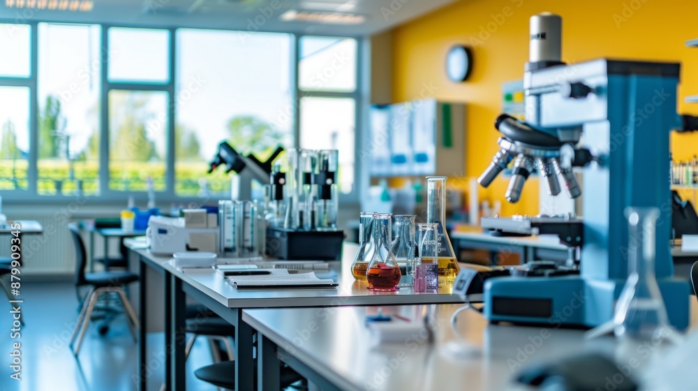 Modern science classroom with lab equipment and bright windows, providing an optimal environment for learning and experimentation Modern science classroom with lab equipment and bright windows, providing an optimal environment for learning and experimentation