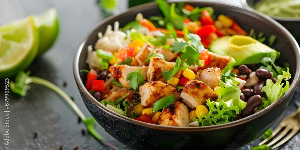 Indulge in a homemade Mexican chicken burrito bowl made with fresh ingredients. Concept Mexican Cuisine, Chicken Recipes, Homemade Meals, Fresh Ingredients, Burrito Bowl Indulge in a homemade Mexican chicken burrito bowl made with fresh ingredients. Concept Mexican Cuisine, Chicken Recipes, Homemade Meals, Fresh Ingredients, Burrito Bowl