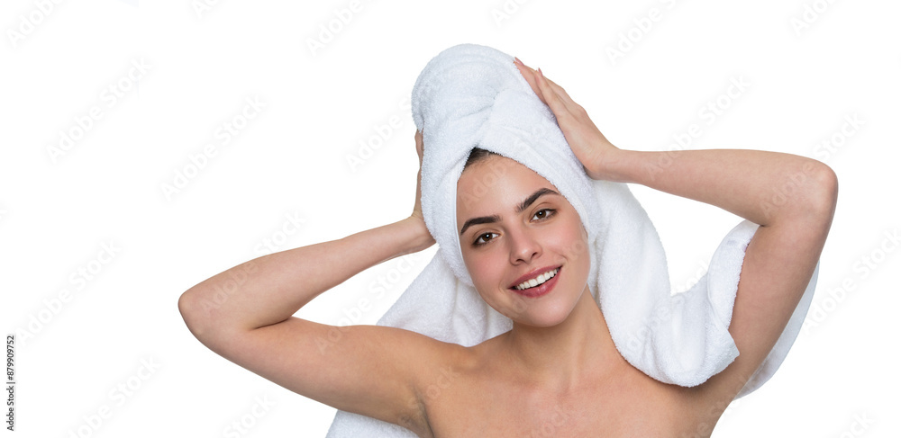 Skincare beauty. Beauty cosmetic routine. Beauty day in spa. Skincare cosmetology. Complexion and healthy skin. Woman after bath in towel isolated on white. Cosmetology and personal care. Copy space Skincare beauty. Beauty cosmetic routine. Beauty day in spa. Skincare cosmetology. Complexion and healthy skin. Woman after bath in towel isolated on white. Cosmetology and personal care. Copy space