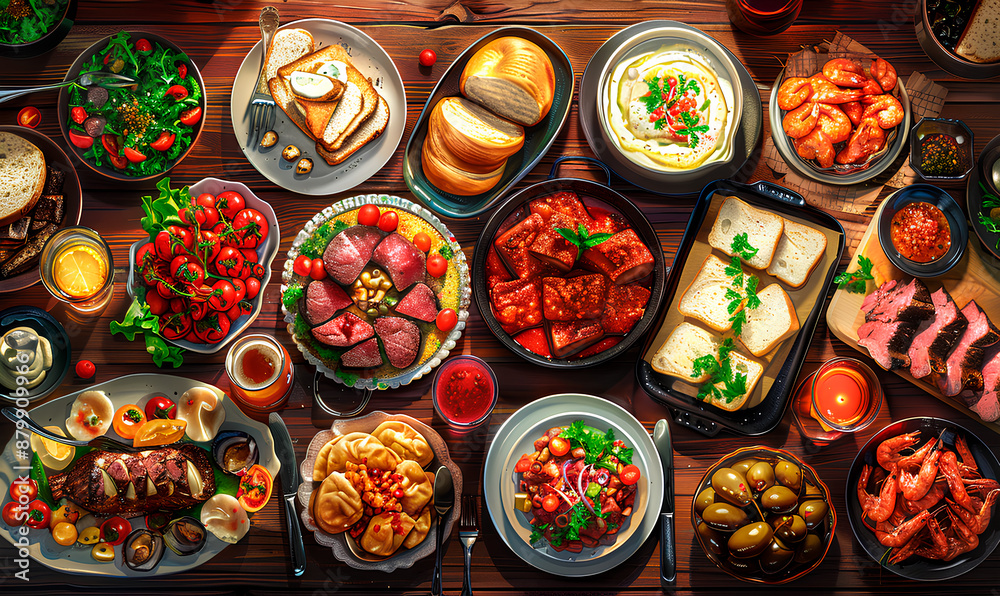 Fototapeta premium A rustic wooden table is laden with an array of dishes, including roasted shrimp, sliced bread, and various other culinary creations