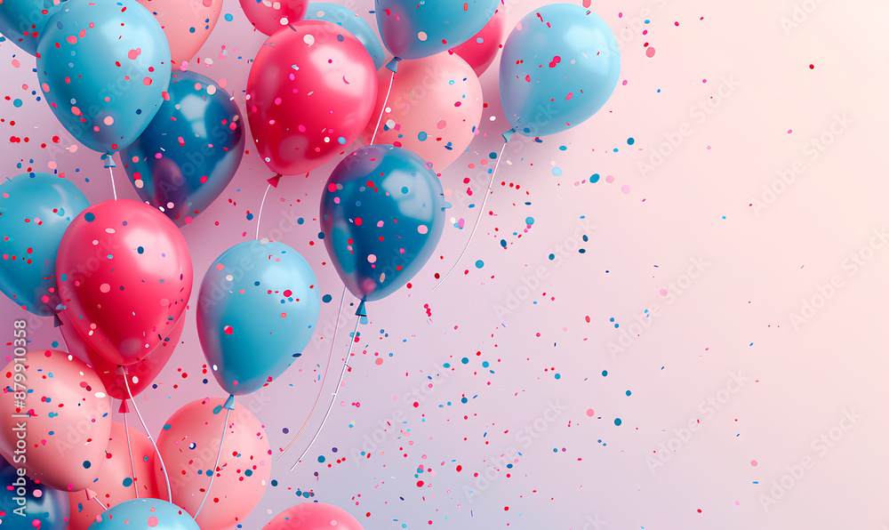 Many colorful balloons float against a pink background, with confetti falling around them Many colorful balloons float against a pink background, with confetti falling around them