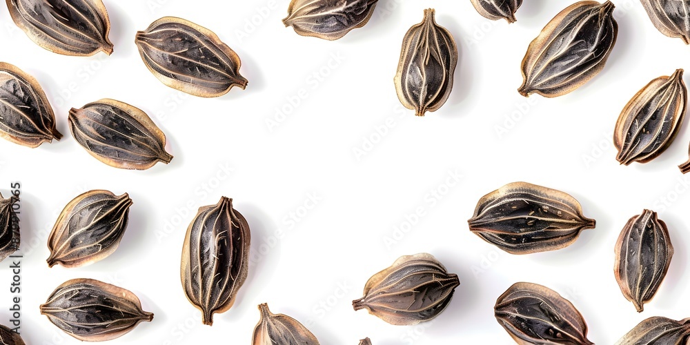 Milk Thistle Seeds Seen from Above on White Background. Concept Botanical Photography, Health and Wellness, Seed Close-Up, White Background, Natural Supplements Milk Thistle Seeds Seen from Above on White Background. Concept Botanical Photography, Health and Wellness, Seed Close-Up, White Background, Natural Supplements