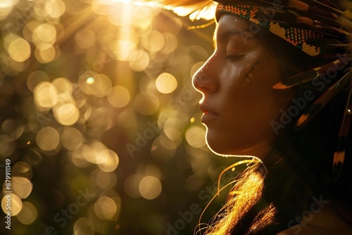 Indigenous Peoples' Day (USA). A close-up photo of an Indigenous person in traditional clothing with a modern twist, such as a denim jacket or sneakers, to represent the blending of traditional. photo