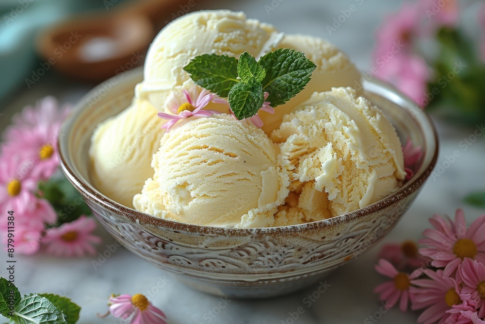 A serving of Cornish clotted cream ice cream, garnished with a sprig of mint. A serving of Cornish clotted cream ice cream, garnished with a sprig of mint.