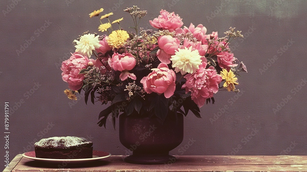   A vase of flowers sits on a table next to a slice of cake and a plate with cake