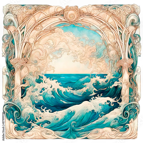 Vintage background in the art nuovo style with a seascape and a place for text.