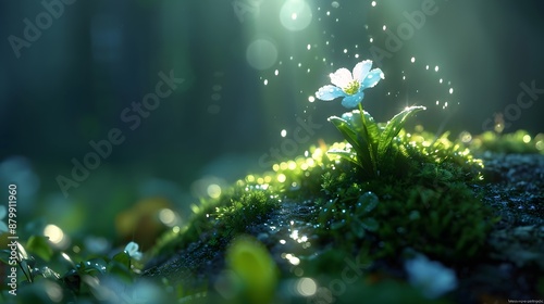 Lone White Flower in a Dewy Forest Setting with Sunlight