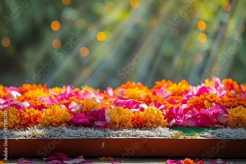 Navratri (Hindu festival). A picture of a colorful and vibrant Rangoli design made using flower petals, rice flour, and colored powders, adding a festive touch to the Navratri decor. photo