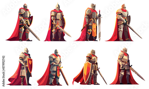Cartoon medieval knights. Knight in warrior helmet with sword or shield, history hero red cape war armor soldier kingdom military guard character set vector illustration