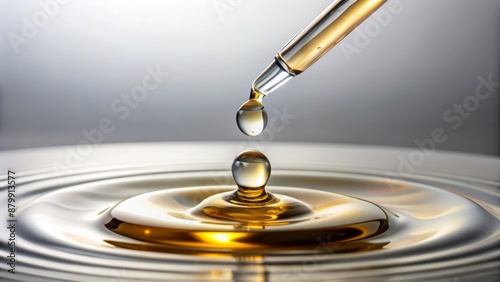Wallpaper Mural Transparent small glass dropper releasing single drop of clear liquid oil onto a crisp white isolated background surface. Torontodigital.ca