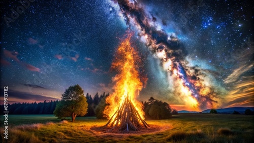 A mesmerizing nocturnal summer solstice celebration scene features a colossal bonfire engulfing a rural field under a dazzling starry sky.