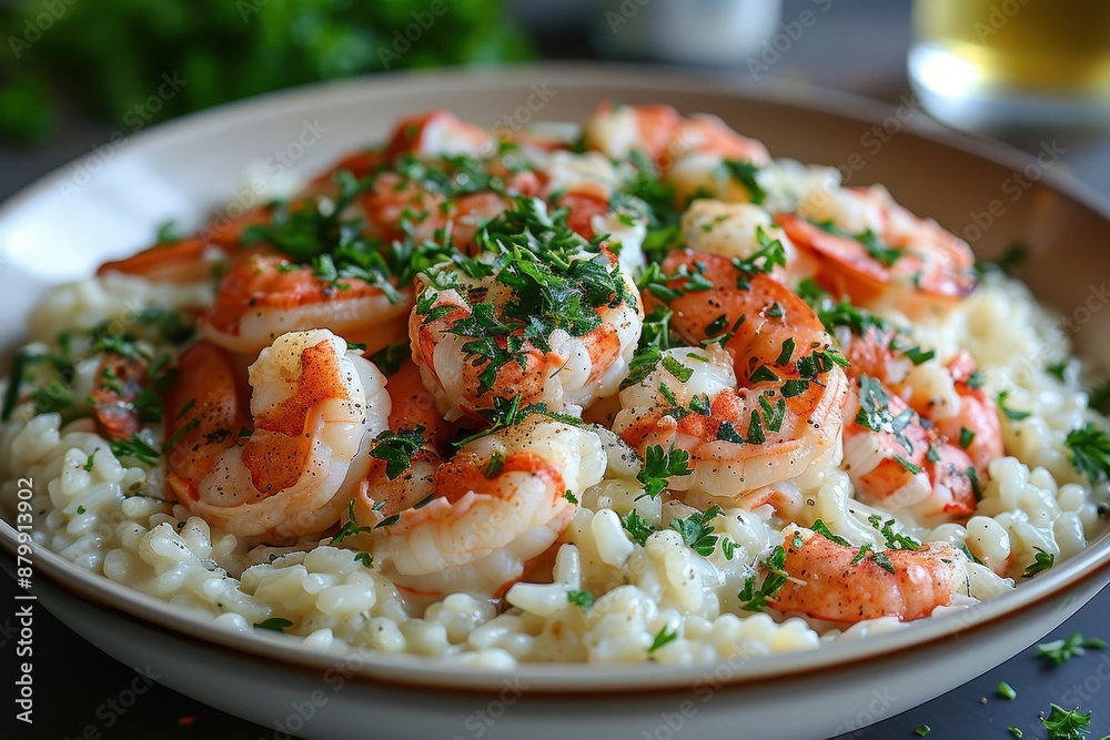 A serving of creamy lobster risotto, garnished with fresh herbs and a drizzle of lemon oil. A serving of creamy lobster risotto, garnished with fresh herbs and a drizzle of lemon oil.