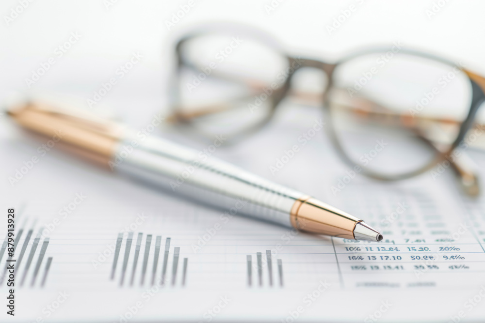 Pen and glasses on printed papers with the financial indicators of the company, preparing a tax report Pen and glasses on printed papers with the financial indicators of the company, preparing a tax report
