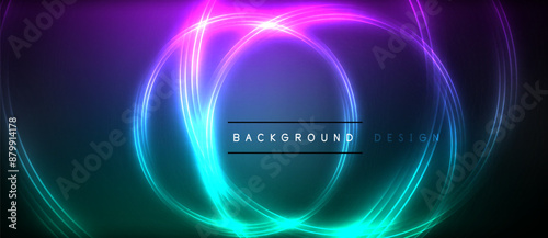 Neon glowing circle rays, light round lines in the dark, planet style neon wave lines. Energetic electric concept design for wallpaper, banner, background