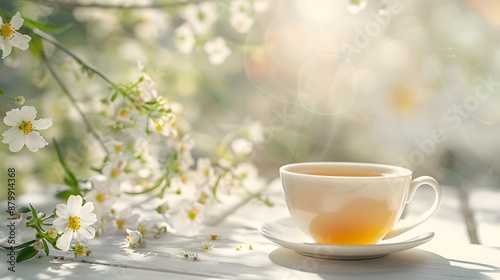 Cup of morning tea on wood table in garden in spring with green leaves. Green tea in a cup with green leaves. A Cup of Tea in a Garden on a Sunny Day © Team