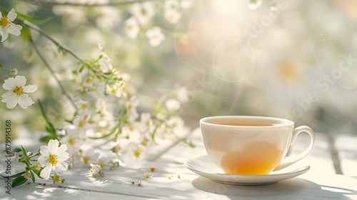 Cup of morning tea on wood table in garden in spring with green leaves. Green tea in a cup with green leaves. A Cup of Tea in a Garden on a Sunny Day