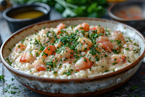 A serving of creamy lobster risotto, garnished with fresh herbs and a drizzle of lemon oil. 