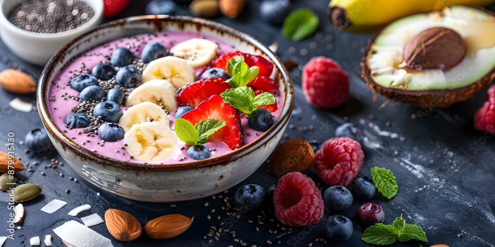 Energy-Boosting Breakfast Option Healthy Smoothie Bowl with Yogurt, Chia Seeds, Fruit, and Coconut. Concept Smoothie Bowl, Healthy Breakfast, Energy Boost, Yogurt Recipe, Chia Seeds Energy-Boosting Breakfast Option Healthy Smoothie Bowl with Yogurt, Chia Seeds, Fruit, and Coconut. Concept Smoothie Bowl, Healthy Breakfast, Energy Boost, Yogurt Recipe, Chia Seeds
