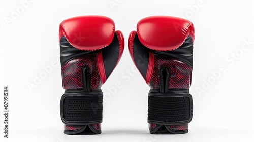 a pair of boxing gloves, fitness gear, highdetail, red and black, isolated on white background photo
