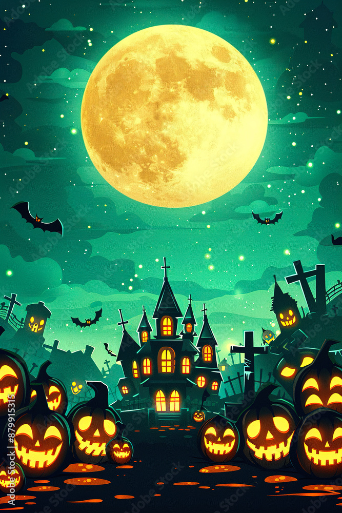 Spooky halloween night with haunted house, pumpkins and full moon Spooky halloween night with haunted house, pumpkins and full moon