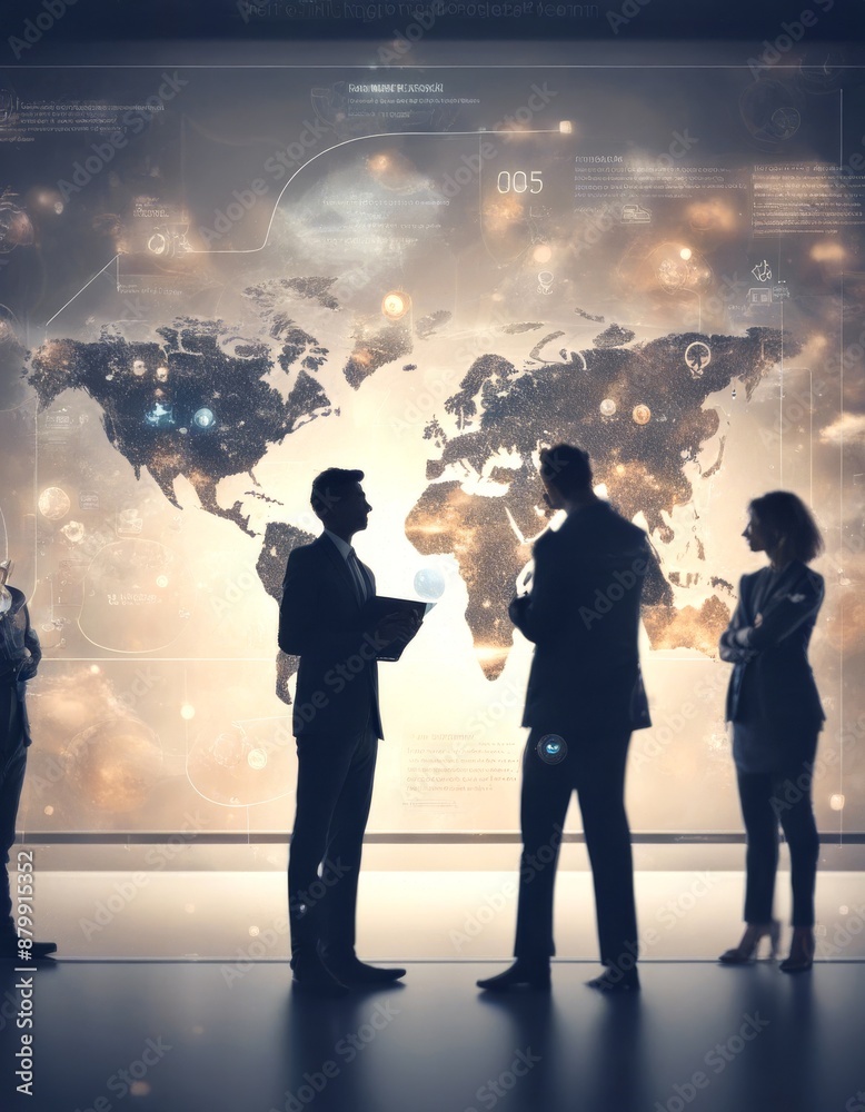 group of business professionals are gathered in front of a large screen displaying a world map with data points and connections symbolizing group of business professionals are gathered in front of a large screen displaying a world map with data points and connections symbolizing