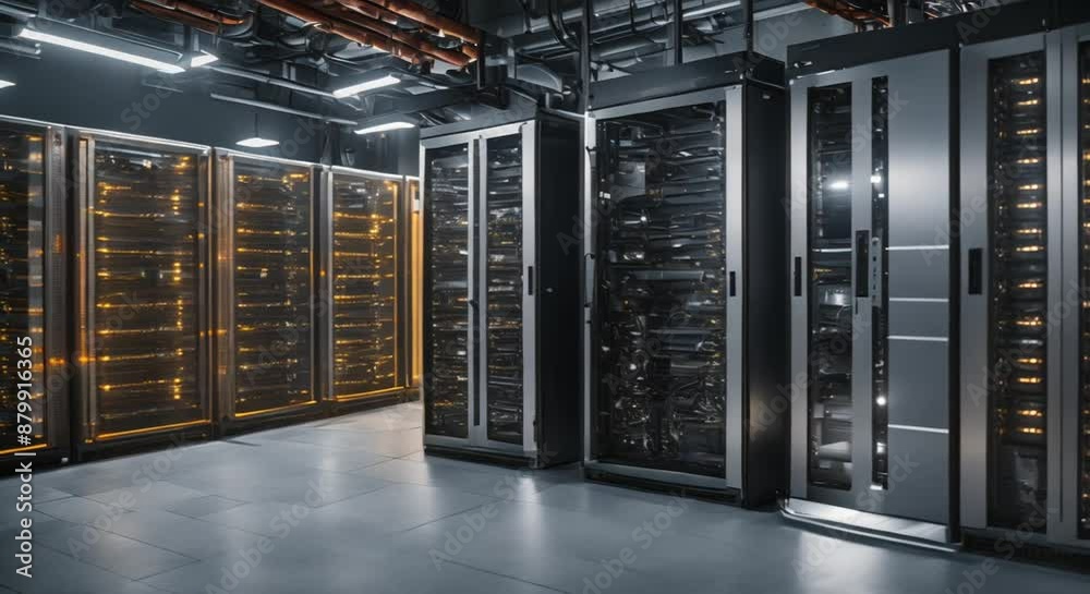 Detailed shot of a computer server room in a manufacturing facility highlighting the extensive use of AI and ML algorithms to yze and optimize large amounts of production 4k animation