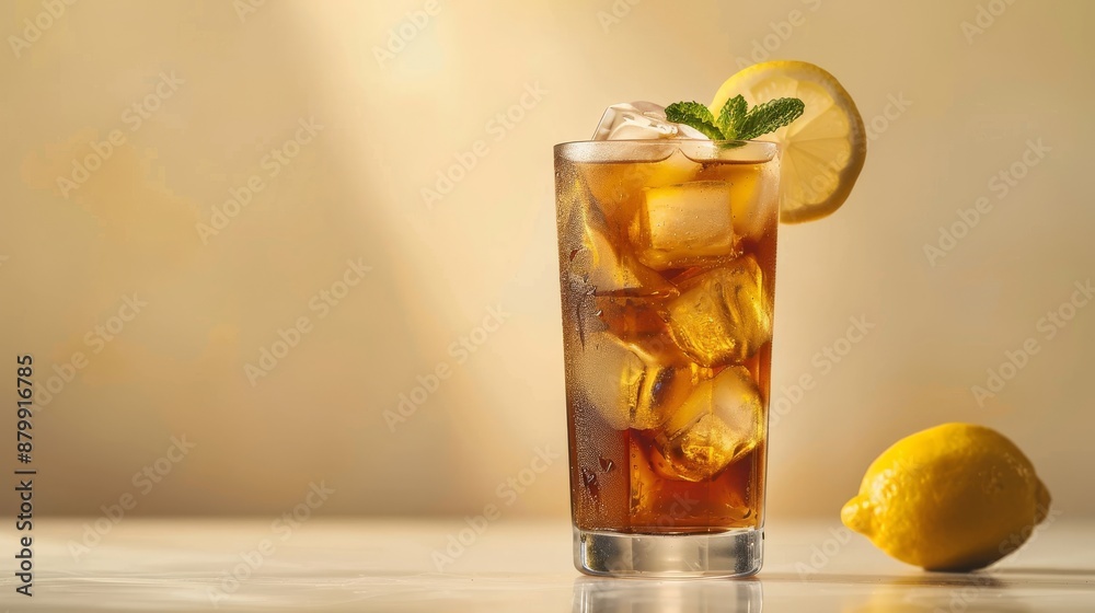 Long Island ice tea cocktail with vodka, rum, tequila, gin, liquor, lemon juice, cola and ice, garnished with lemon slice and mint in highball glass. Beige background, hard light Long Island ice tea cocktail with vodka, rum, tequila, gin, liquor, lemon juice, cola and ice, garnished with lemon slice and mint in highball glass. Beige background, hard light