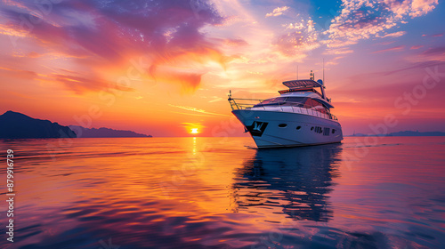 Luxurious motorboat sailing the ocean at sunrise