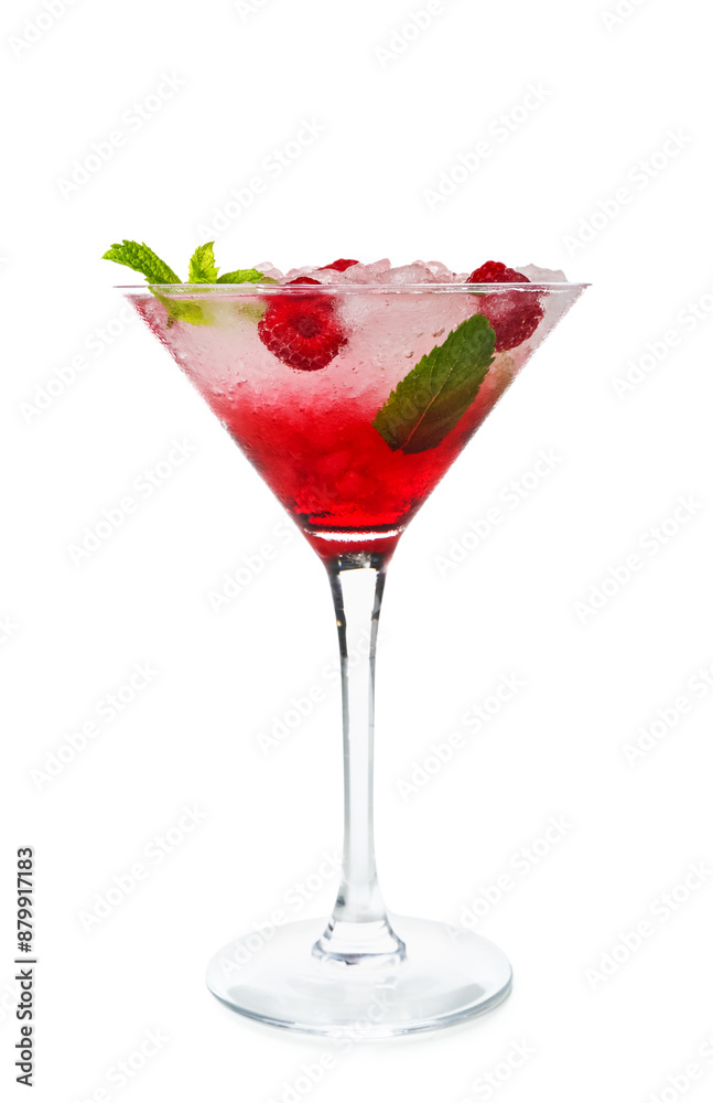 Glass of fresh raspberry mojito on white background Glass of fresh raspberry mojito on white background