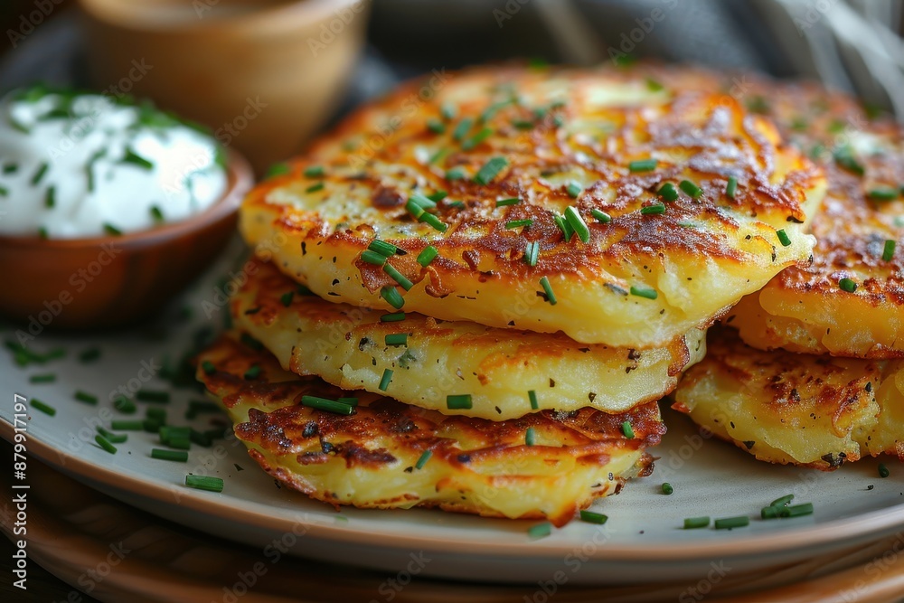 A serving of draniki, crispy potato pancakes, served with a side of sour cream and chives. A serving of draniki, crispy potato pancakes, served with a side of sour cream and chives.