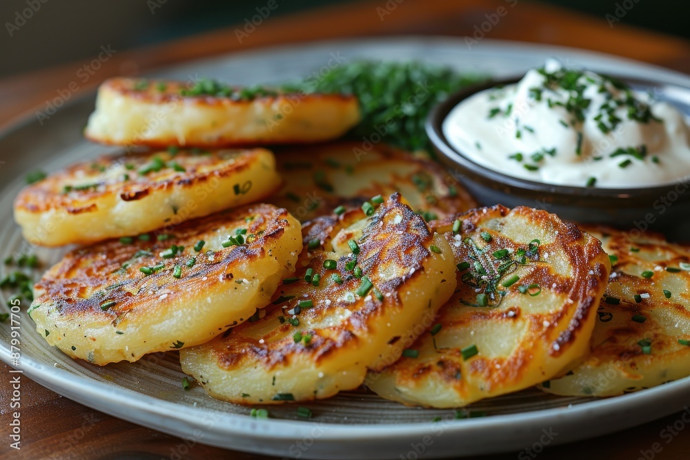 A serving of draniki, crispy potato pancakes, served with a side of sour cream and chives. A serving of draniki, crispy potato pancakes, served with a side of sour cream and chives.