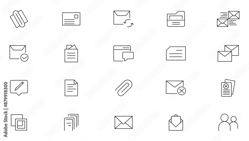 Mail and email line icon set. Message, envelope, mailing, postal letter, post office and mailbox outline icon collection. UI thin outline icons Mail and email line icon set. Message, envelope, mailing, postal letter, post office and mailbox outline icon collection. UI thin outline icons