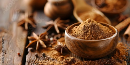 Fototapeta Naklejka Na Ścianę i Meble -  Ingredients for Chinese Five Spice Powder on a Vintage Background. Concept Chinese Five Spice Powder, Vintage Background, Asian Cuisine, Exotic Spices