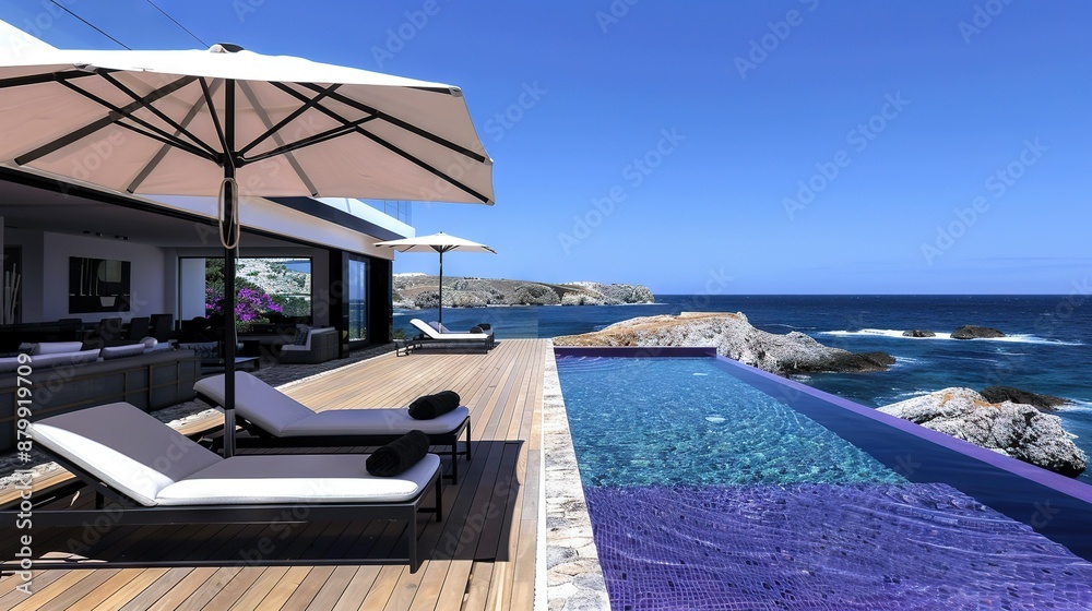 Obraz premium Swimming pool, wooden deck, chaise lounges, umbrella