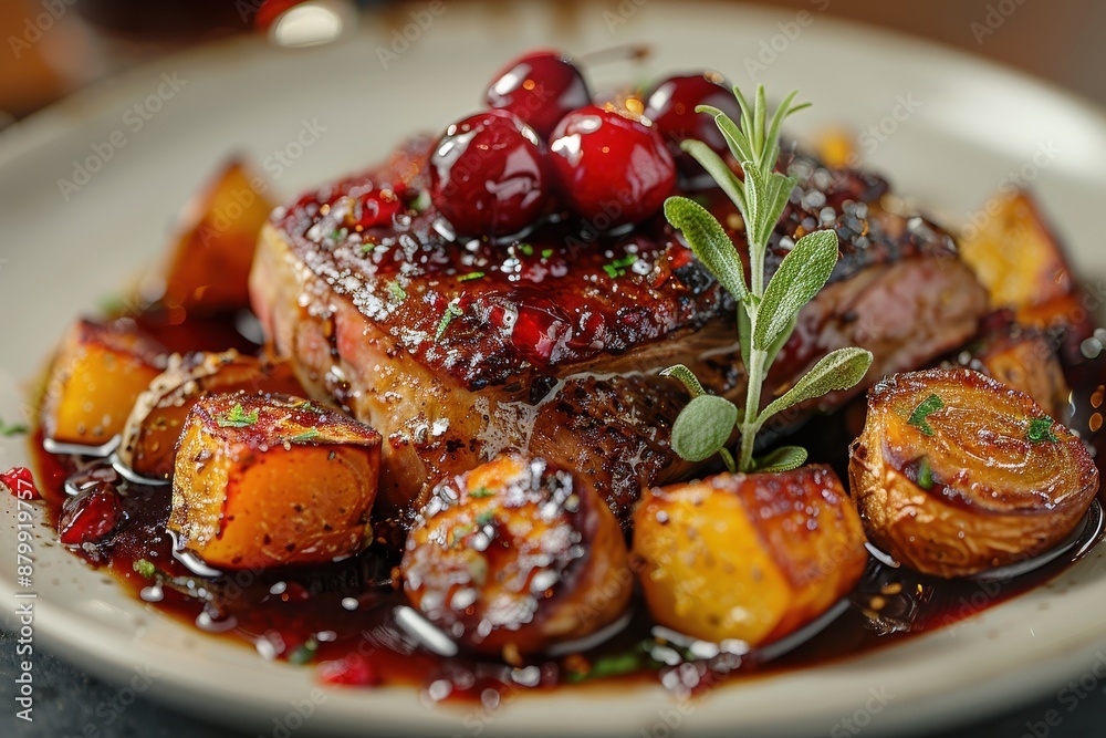 A serving of duck confit, presented with a side of roasted root vegetables and a cherry glaze. 