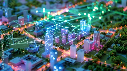 Miniature model city and communication network concept. Internet of Things. Information communication network. abstract mixed media.