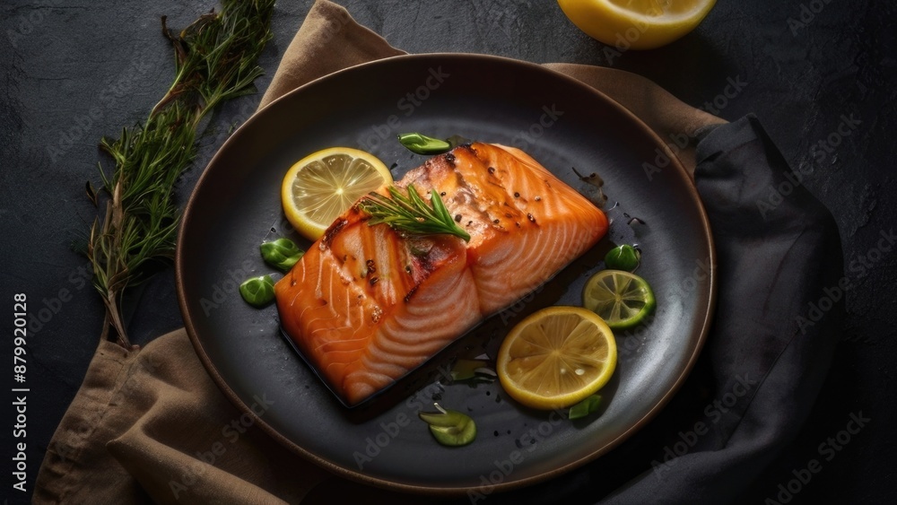 Grilled Salmon steak on a wooden table Grilled Salmon steak on a wooden table