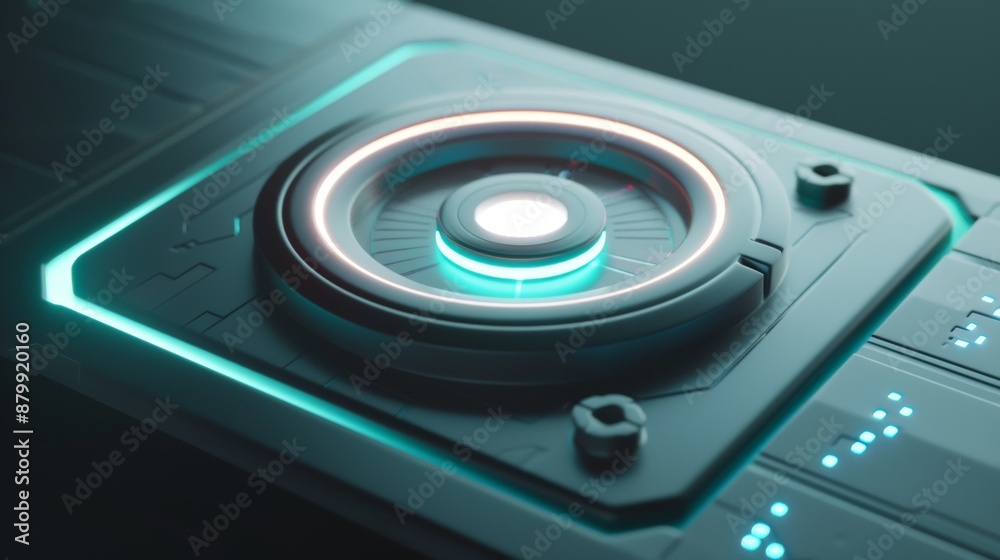 Close Up of Futuristic Technology Panel With Illuminated Buttons and a Glowing Circular Interface Close Up of Futuristic Technology Panel With Illuminated Buttons and a Glowing Circular Interface