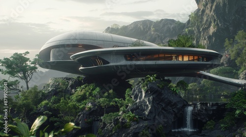 Wallpaper Mural Futuristic House Built Into A Mountainside With Waterfall Torontodigital.ca