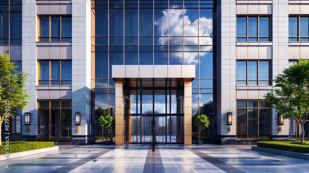 Obraz premium Financial Center Plaza and architecture. home and business center with large glass windows. entrance group to the building