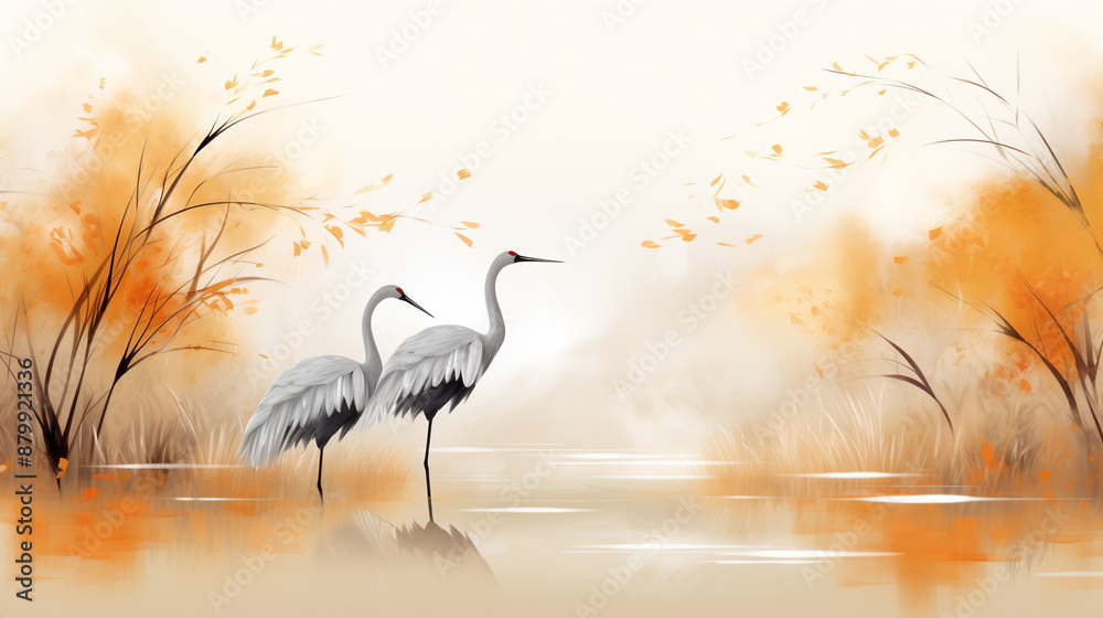 Fototapeta premium An elegant, minimalistic illustration of an autumn landscape with two cranes, silhouetted trees with falling leaves and reflective water for a calm and harmonious design