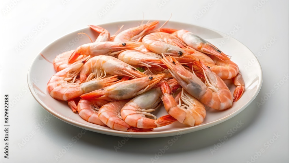 Freshly peeled pinkish-white shrimp arranged artfully on a pristine white ceramic plate against a clean, minimalist white background. Freshly peeled pinkish-white shrimp arranged artfully on a pristine white ceramic plate against a clean, minimalist white background.