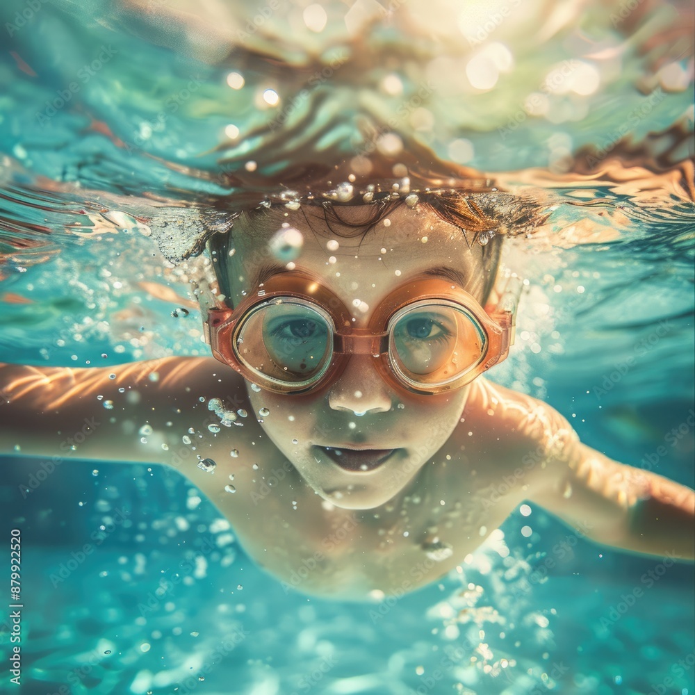 Naklejka premium Swimmer Kid. Little Boy Swimming Underwater in Pool on Summer Holiday