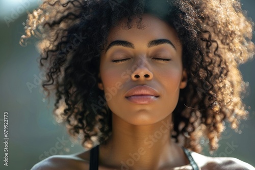 Deep Breathing. Young African American Woman Enjoying Peaceful Meditation and Fresh Air After Yoga Workout