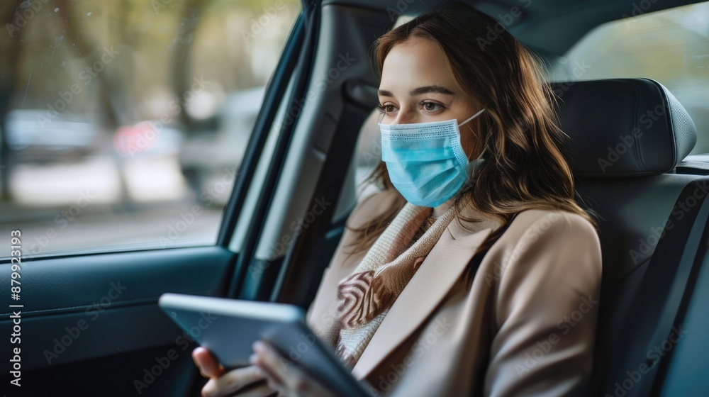 Person In Car With Mask. Female Businesswoman Sitting in Car Holding Tablet and Wearing Face Mask Person In Car With Mask. Female Businesswoman Sitting in Car Holding Tablet and Wearing Face Mask