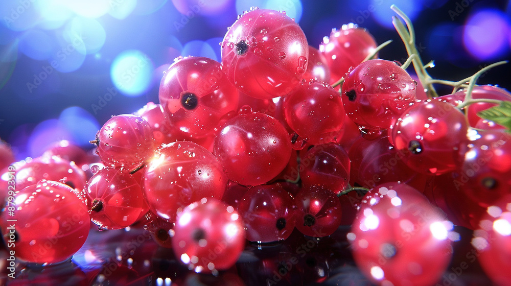 Close-up of juicy red berries with water droplets, set against a blue backdrop Close-up of juicy red berries with water droplets, set against a blue backdrop
