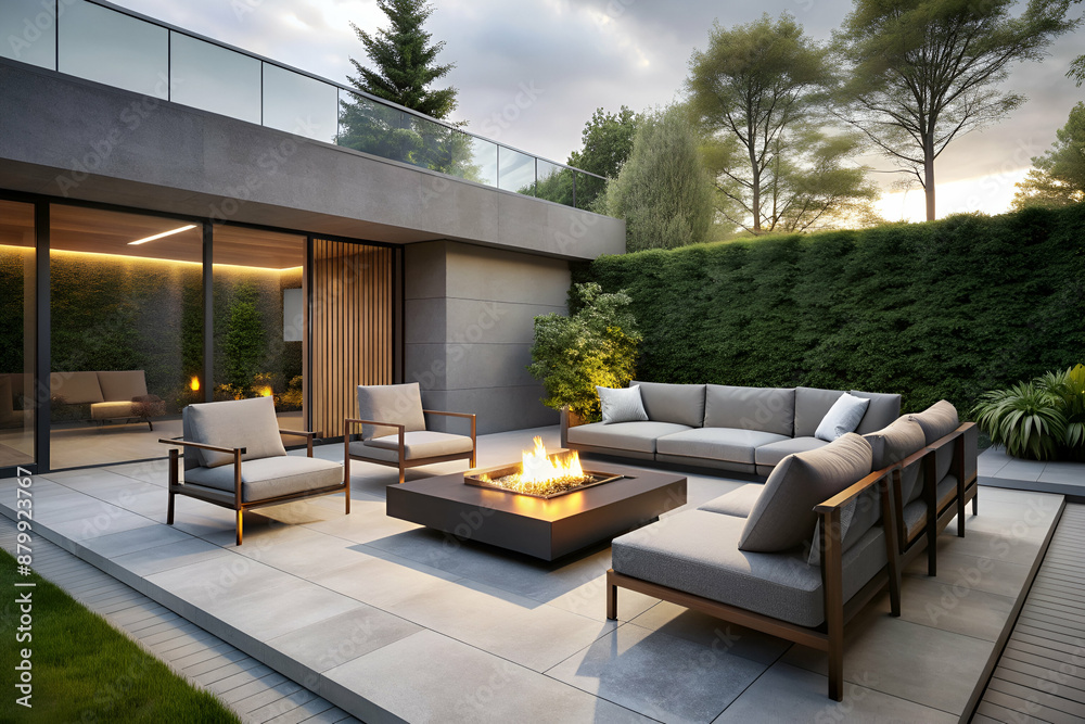 Fototapeta premium A large patio with a fire pit and a couch. The patio is surrounded by a hedge and has a view of the trees