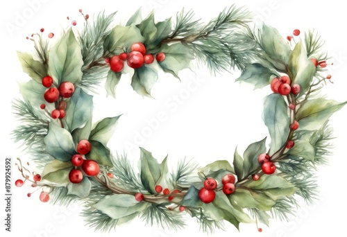branches botany spruce floral vertical mistletoe border art background composition red painted oval chaplet wreath winter botanical tree berries beautiful christmas hand illustration watercolor berry