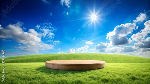 Vibrant blue sky backdrop with lush green grass and rounded earthen podium, isolated on a serene sunny afternoon landscape scene