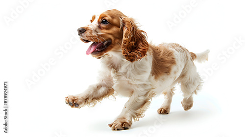 Adolescent madness pure and simple. This young English cocker spaniel dog is posing. Isolated on a white background, a cute and lively white-braun puppy or pet is playing and appears content. motion